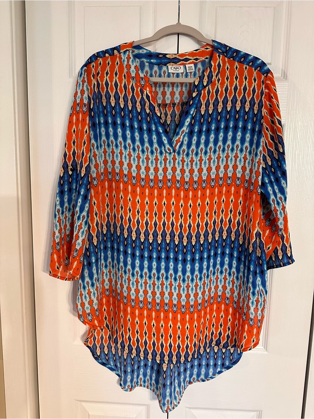 Orange & Blue Patterned Split-Neck Hi/Low Woman’s  Tunic